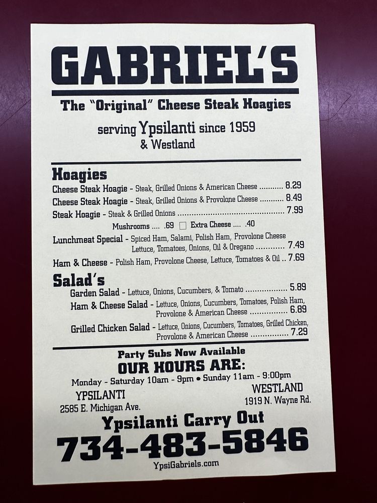 Ypsilanti Gabriel's Cheese Steak Hoagies Menu - Image 1